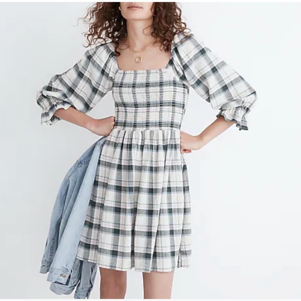 Madewell Elbow-Sleeve Smocked Dress in Lebaum Plaid NWOT